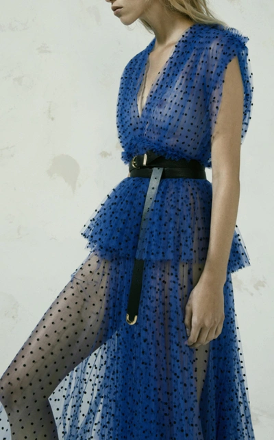 Shop Khaite Elisabetta Dotted Tulle Midi Skirt In Blue
