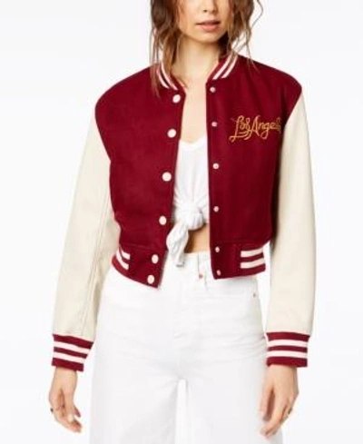 Shop Kendall + Kylie Cropped Graphic Varsity Jacket In White/red