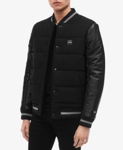 Shop Calvin Klein Men's Mix-media Varsity Jacket In Black