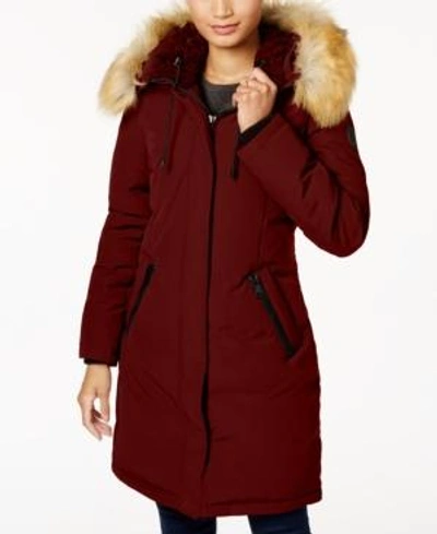 Shop Vince Camuto Faux-fur-trim Hooded Down Parka In Wine