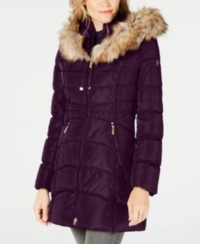 Shop Laundry By Shelli Segal Faux-fur-trim Hooded Puffer Coat In Wild Berry
