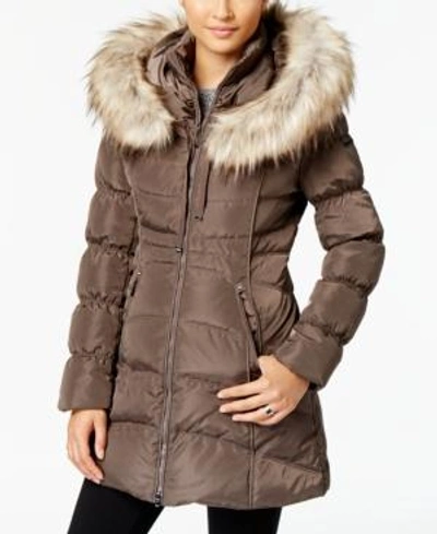 Shop Laundry By Shelli Segal Faux-fur-trim Hooded Puffer Coat In Taupe
