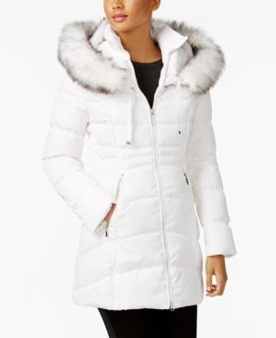 Shop Laundry By Shelli Segal Faux-fur-trim Hooded Puffer Coat In Real White