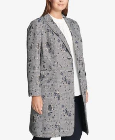 Shop Calvin Klein Plus Size Floral-printed Plaid Double-breasted Jacket In Regatta Multi