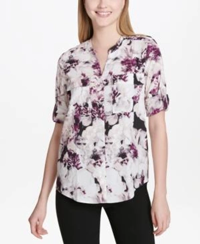 Shop Calvin Klein Split-neck Printed Top In Aubergine Floral