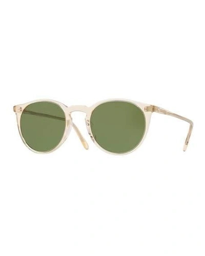 Shop Oliver Peoples Men's O'malley Peaked Round Sunglasses With Mineral Glass Lenses - Buff Green In Green/brown