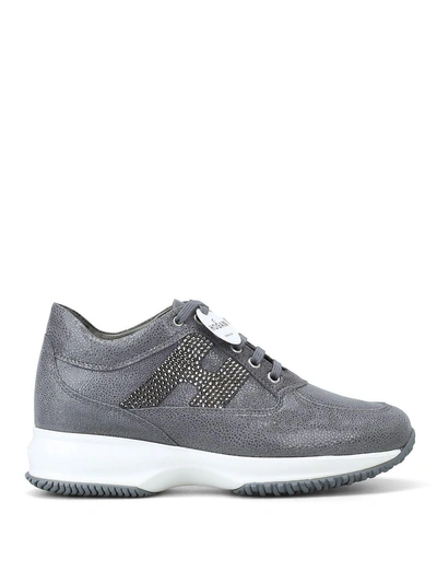 Shop Hogan Embellished Grey Suede Interactive Sneakers
