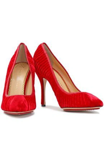 Shop Charlotte Olympia Pleated Velvet Pumps In Red