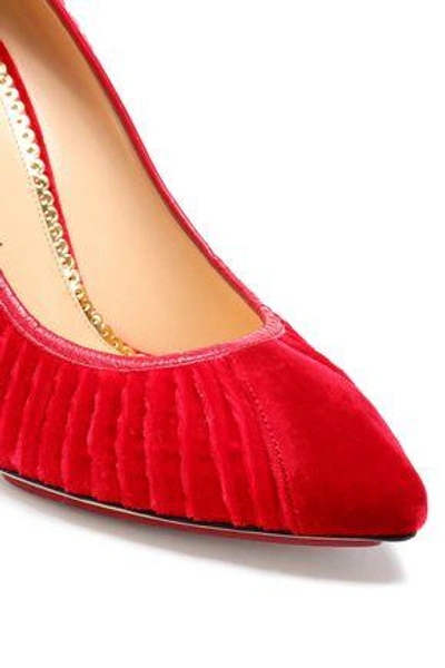 Shop Charlotte Olympia Pleated Velvet Pumps In Red