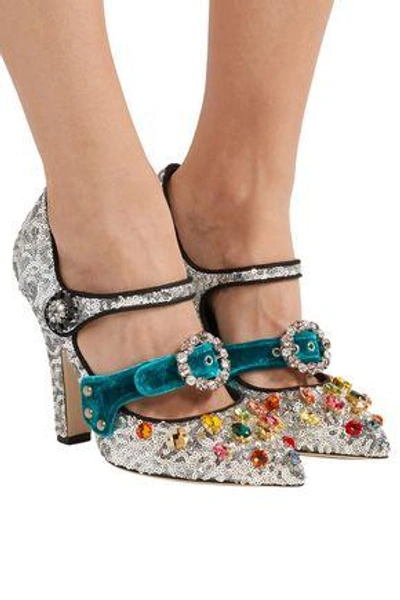 Shop Dolce & Gabbana Velvet-trimmed Embellished Sequined Leather Mary Jane Pumps In Silver