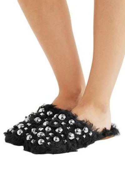 Shop Miu Miu Woman Studded Shearling Slippers Black