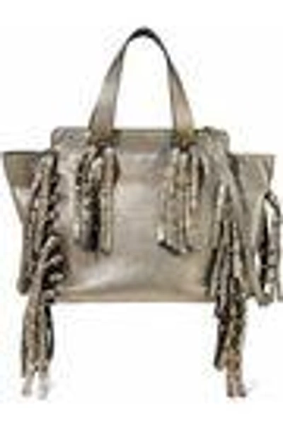 Shop Valentino Woman Studded Fringed Metallic Pebbled-shoulder Bag Gold
