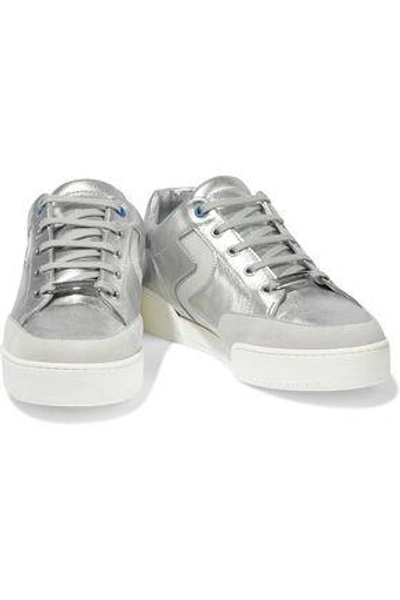 Shop Stella Mccartney Woman Metallic Perforated Faux Suede And Leather Sneakers Silver