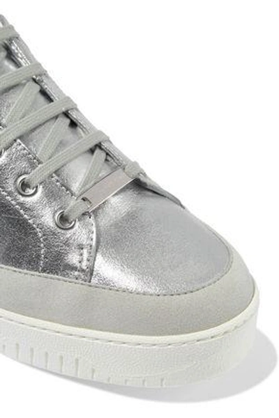 Shop Stella Mccartney Woman Metallic Perforated Faux Suede And Leather Sneakers Silver