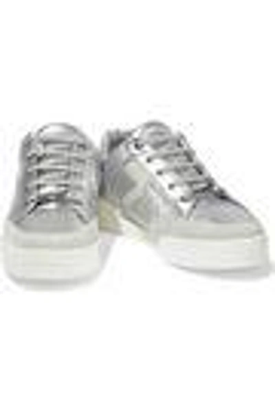 Shop Stella Mccartney Woman Metallic Perforated Faux Suede And Leather Sneakers Silver