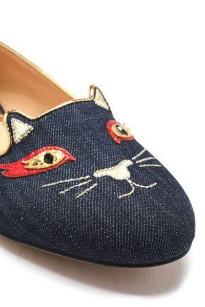 Shop Charlotte Olympia Woman Hot Kitty Metallic Snake-effect Leather-appliquéd Embroidered Denim Slippers In Dark Denim