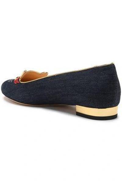 Shop Charlotte Olympia Woman Hot Kitty Metallic Snake-effect Leather-appliquéd Embroidered Denim Slippers In Dark Denim