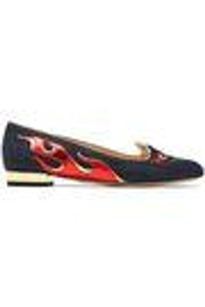 Shop Charlotte Olympia Woman Hot Kitty Metallic Snake-effect Leather-appliquéd Embroidered Denim Slippers In Dark Denim