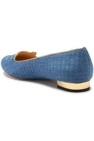 Shop Charlotte Olympia Woman Kitty Embroidered Quilted Denim Slippers Mid Denim