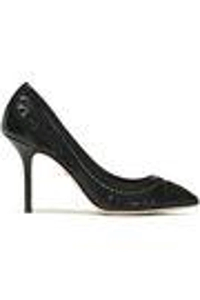 Shop Dolce & Gabbana Woman Cutout Embroidered Leather And Mesh Pumps Black