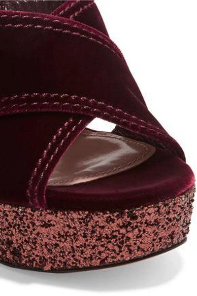 Shop Miu Miu Woman Glitter-trimmed Velvet Platform Sandals Burgundy