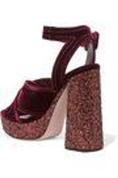 Shop Miu Miu Woman Glitter-trimmed Velvet Platform Sandals Burgundy