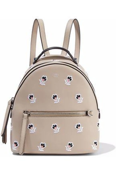 Shop Fendi Woman Zaino Mini Embroidered Leather Backpack Beige