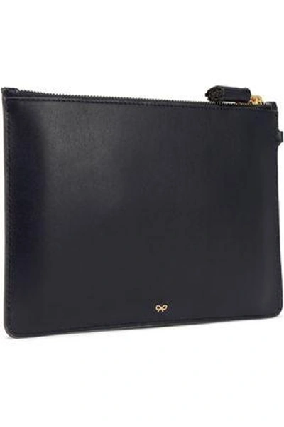 Shop Anya Hindmarch Shearling-trimmed Leather Pouch In Navy