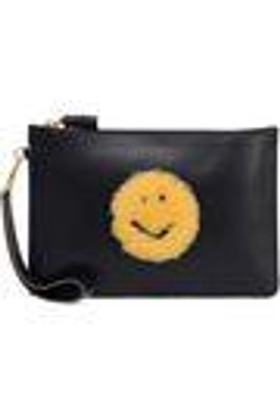 Shop Anya Hindmarch Shearling-trimmed Leather Pouch In Navy