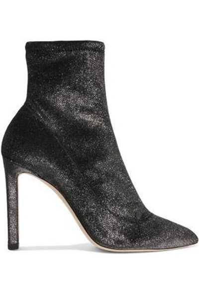 Shop Jimmy Choo Woman Louella 100 Metallic Stretch-velvet Sock Boots Anthracite