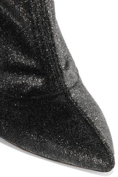 Shop Jimmy Choo Woman Louella 100 Metallic Stretch-velvet Sock Boots Anthracite