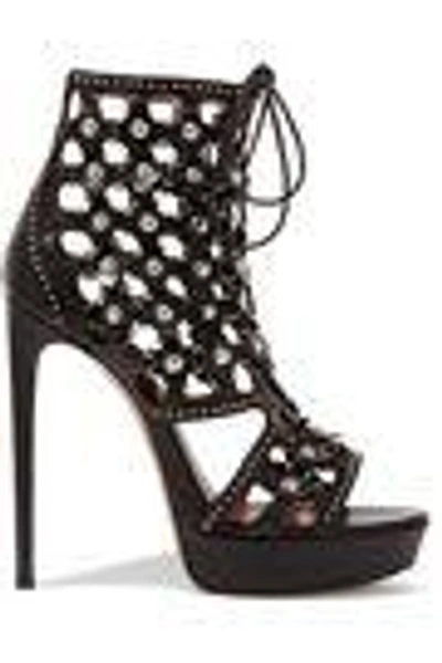 Shop Alaïa Woman Lace-up Embellished Leather Platform Sandals Black