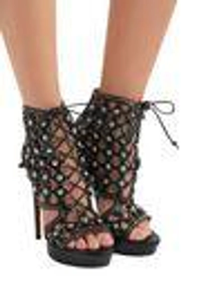 Shop Alaïa Woman Lace-up Embellished Leather Platform Sandals Black