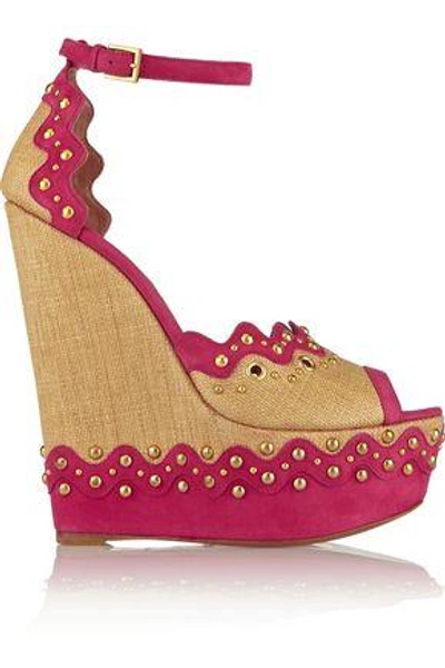 Shop Alaïa Woman Paille Glamour Two-tone Embellished Suede And Straw Wedge Sandals Fuchsia