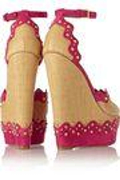 Shop Alaïa Woman Paille Glamour Two-tone Embellished Suede And Straw Wedge Sandals Fuchsia