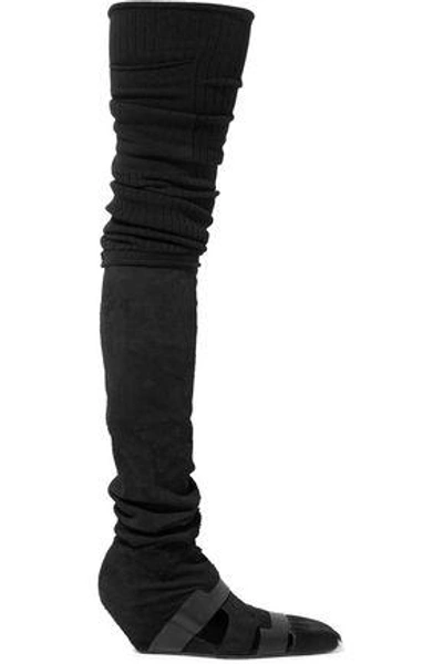 Shop Rick Owens Woman Leather-trimmed Suede And Calf Hair Thigh Boots Black