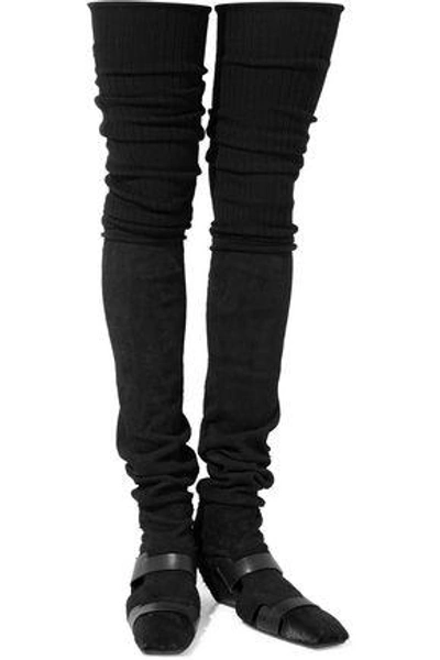 Shop Rick Owens Woman Leather-trimmed Suede And Calf Hair Thigh Boots Black