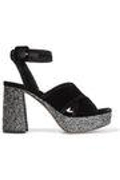 Shop Miu Miu Woman Glitter-trimmed Velvet Platform Sandals Black