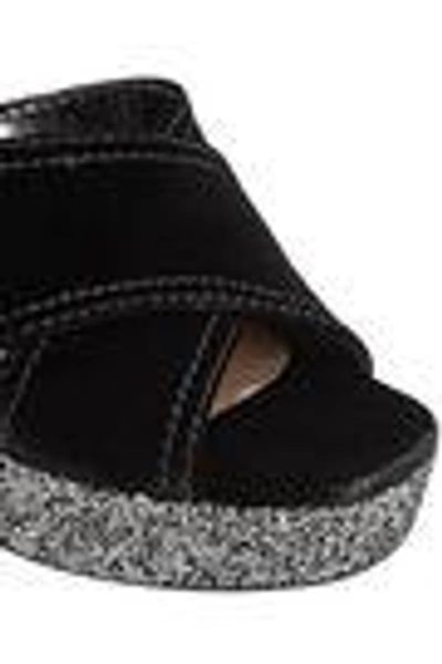 Shop Miu Miu Woman Glitter-trimmed Velvet Platform Sandals Black