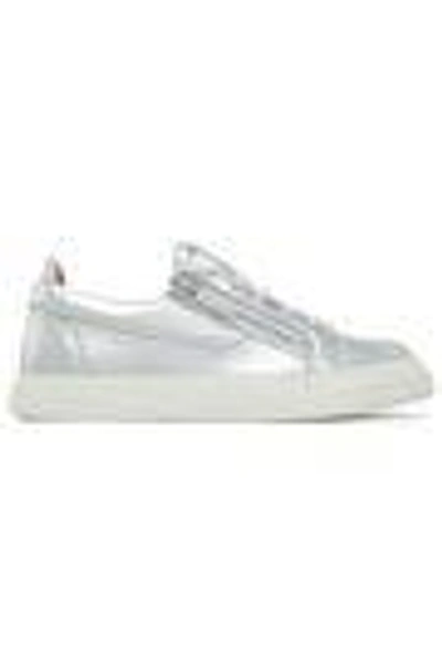 Shop Giuseppe Zanotti Woman London Zip-detailed Metallic Leather Sneakers Silver