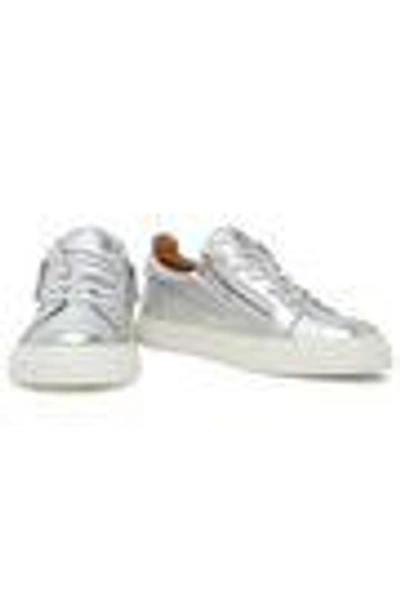 Shop Giuseppe Zanotti Woman London Zip-detailed Metallic Leather Sneakers Silver