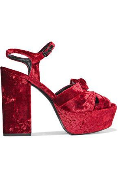 Shop Saint Laurent Woman Farrah Knotted Crushed-velvet Platform Sandals Claret