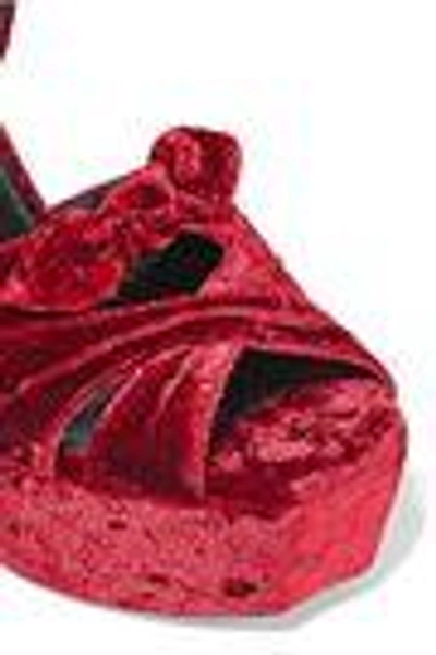 Shop Saint Laurent Woman Farrah Knotted Crushed-velvet Platform Sandals Claret