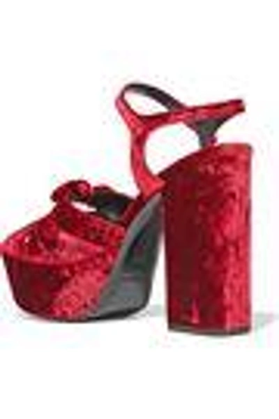 Shop Saint Laurent Woman Farrah Knotted Crushed-velvet Platform Sandals Claret