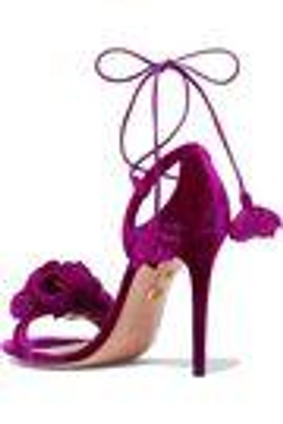 Shop Aquazzura Woman Wild Flower Appliquéd Velvet Sandals Magenta