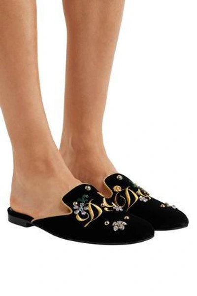 Shop Dolce & Gabbana Embellished Velvet Slippers In Black