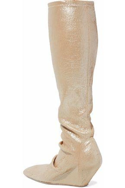 Shop Rick Owens Metallic Crackled Stretch-leather Wedge Boots In Platinum