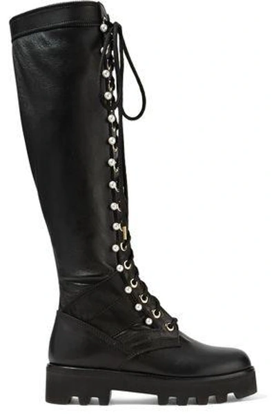 Shop Altuzarra Woman Cosmo Faux Pearl-embellished Leather Knee Boots Black