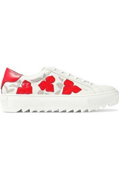 Shop Ferragamo Woman Eddy Floral-appliquéd Leather Platform Sneakers White