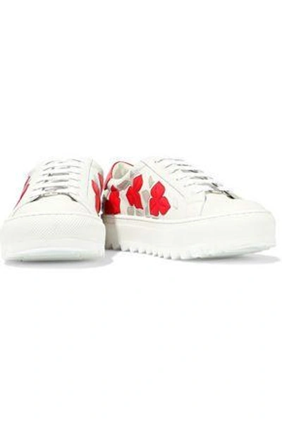 Shop Ferragamo Woman Eddy Floral-appliquéd Leather Platform Sneakers White